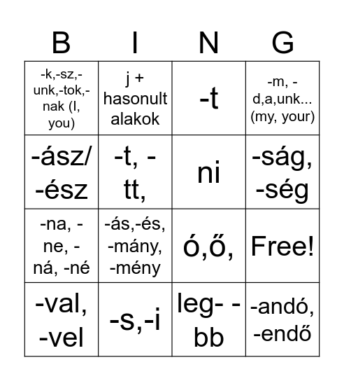 képzők, jelek ragok Bingo Card