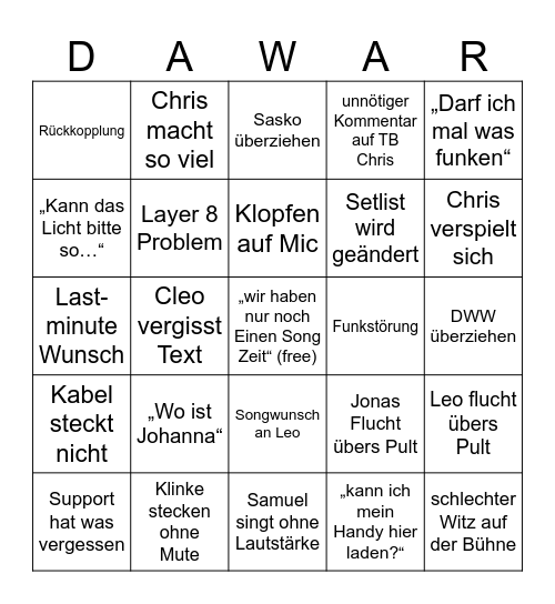DaWarBingo Card