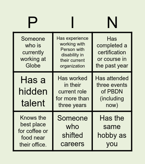 PBDN 4th Networking Meeting Bingo Card