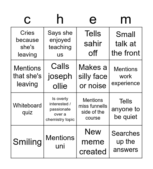 Chemistry bingo Card