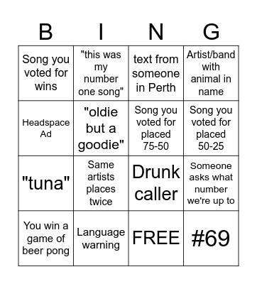 Hottest 100 All Time Aussie Tunes Bingo Card