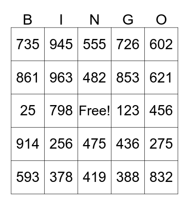 Place Value Bingo Card