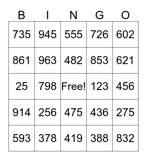 Place Value Bingo Card