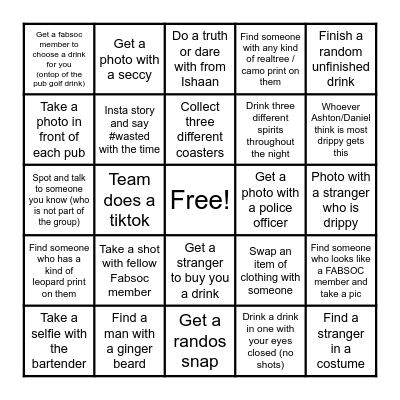 FABSOC Great King Street Pub Golf Bingo Card