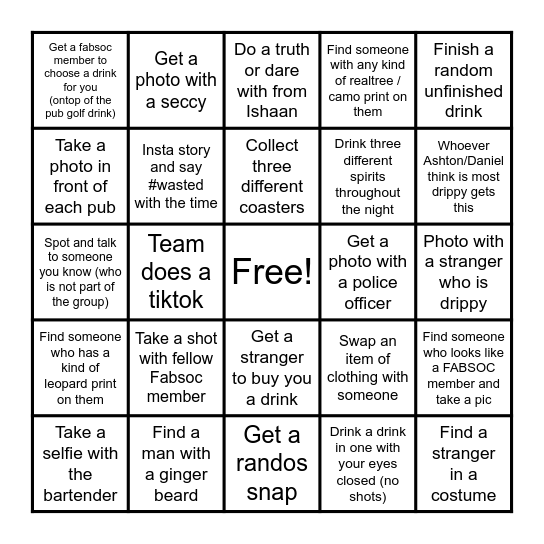 FABSOC Great King Street Pub Golf Bingo Card