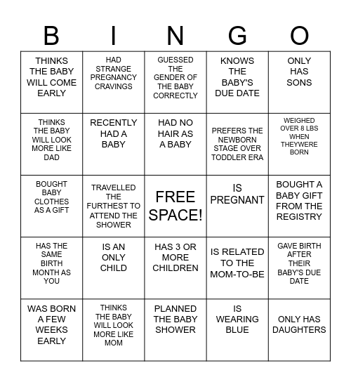 Baby Shower Bingo! Bingo Card