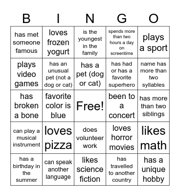 Personality Bingo Card