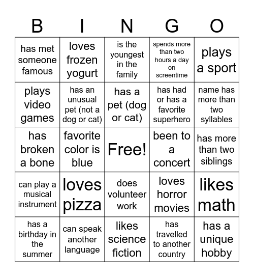 Personality Bingo Card