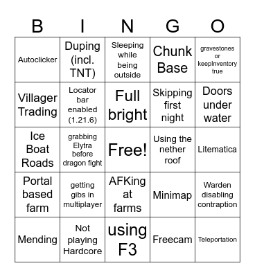 Cheating in Minecraft Bingo Card