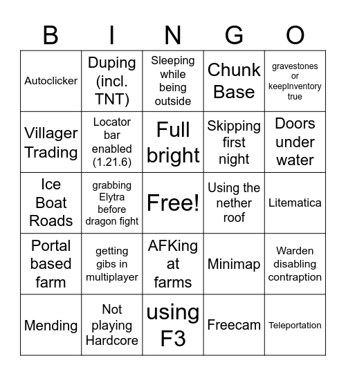 Cheating in Minecraft Bingo Card