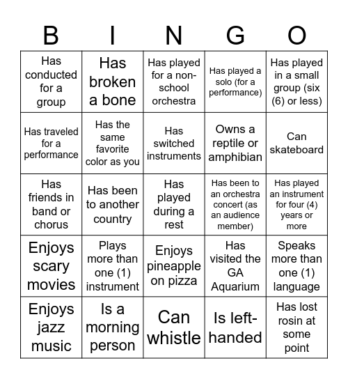 Chamber Musician Bingo Card