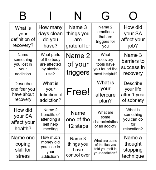 Recovery Bingo! Bingo Card