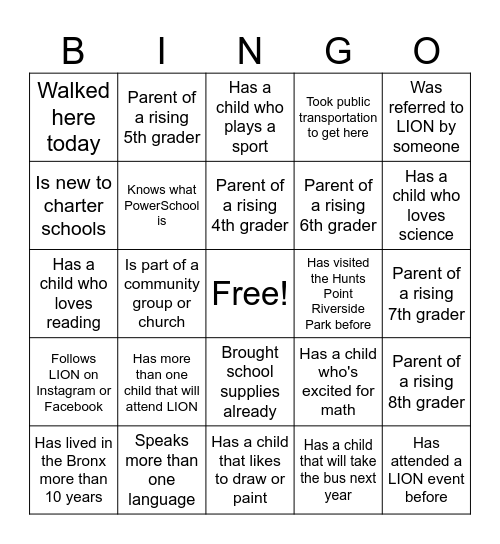 🦁 LION Charter School Family Bingo Card