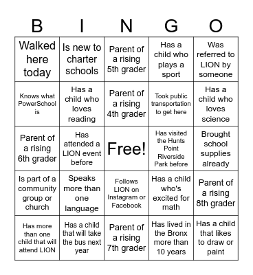 🦁 LION Charter School Family Bingo Card