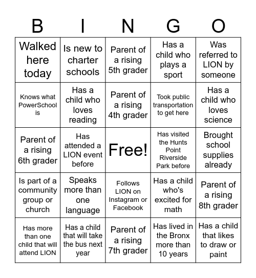 🦁 LION Charter School Family Bingo Card