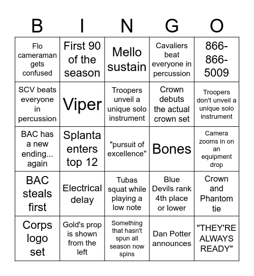DCI Southwestern Championships 2025 Bingo Card