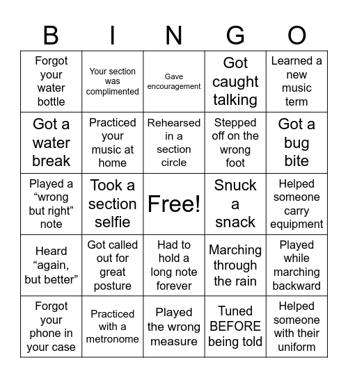 "At Band Practice" Bingo Card