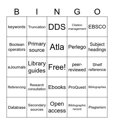 Union Library Terms Bingo Card