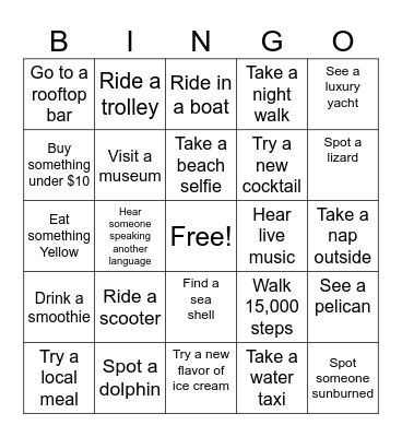 Vacation Bingo Card