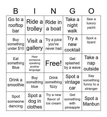 Vacation Bingo Card