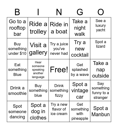 Vacation Bingo Card