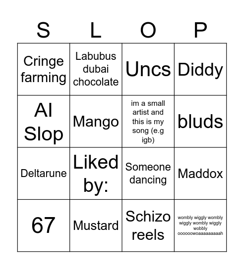Insta Slop Bingo Card