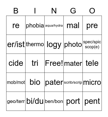 word parts Bingo Card