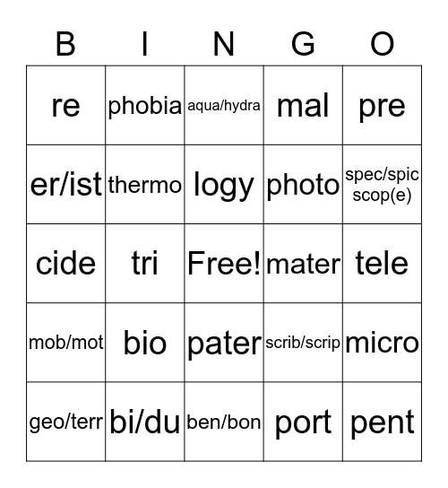 word parts Bingo Card