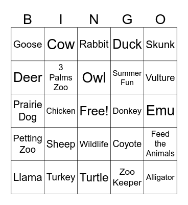 Zoo Field Trip Bingo Card
