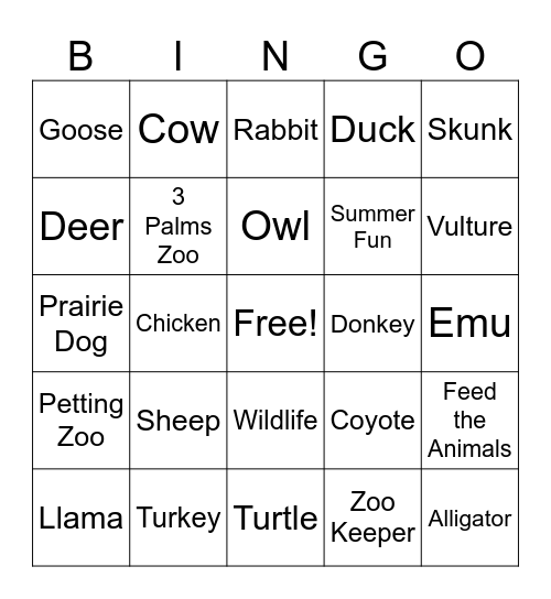 Zoo Field Trip Bingo Card