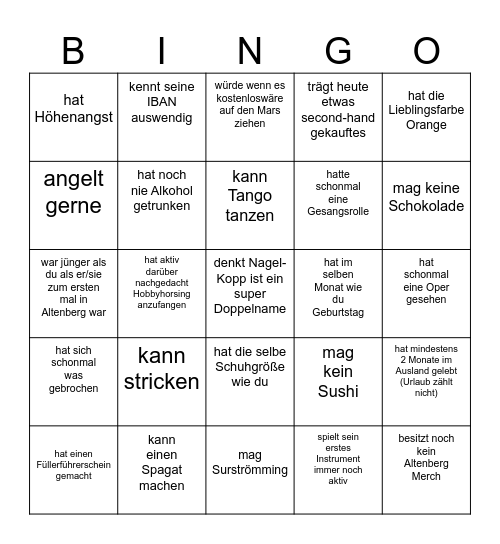 Finde eine Person die... Bingo Card