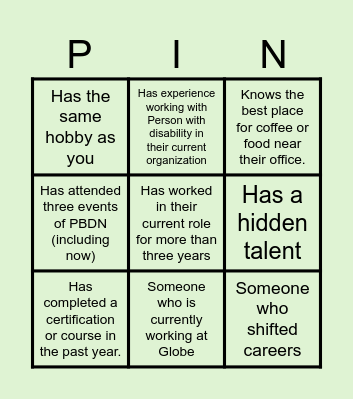 PBDN 4th Networking Meeting Bingo Card