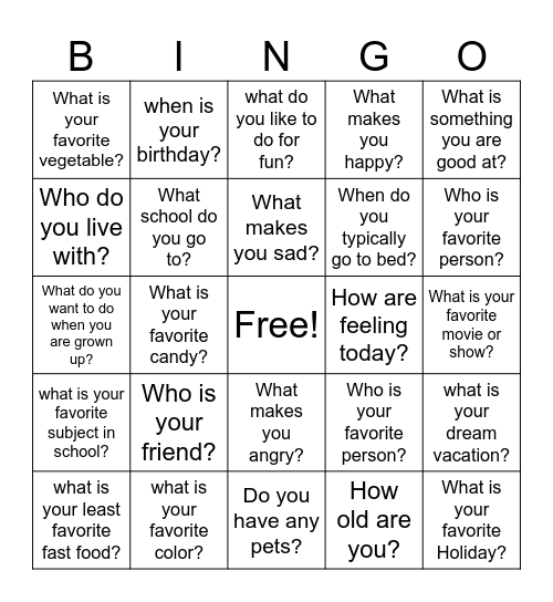 Get to know you Bingo Card