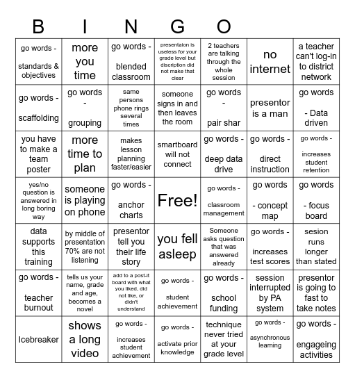 Morning PD Breakout Sesions Bingo Card