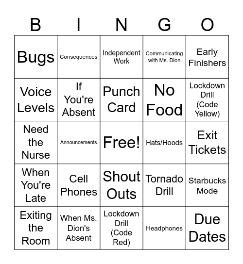 Procedure Bingo Card