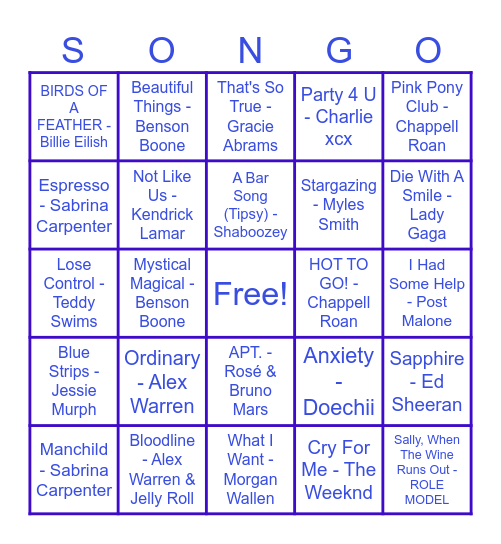 HealthLinc SONGO - TODAY'S HITS Bingo Card