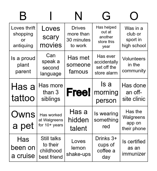 Walgreens Bingo Card