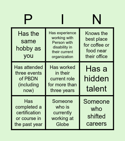 PBDN 4th Networking Meeting Bingo Card