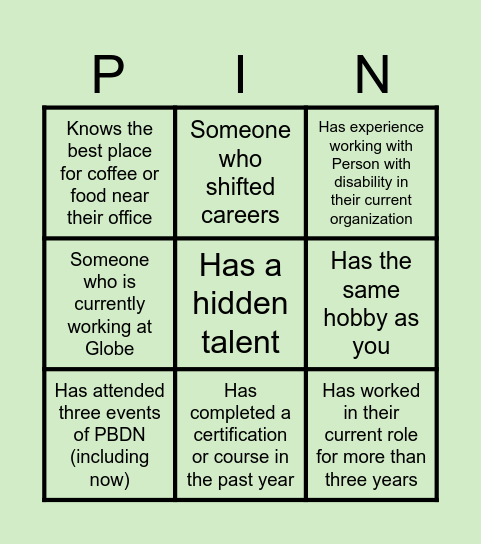 4th PBDN Networking Meeting Bingo Card