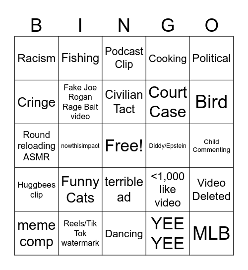 YT Shorts Bingo Card