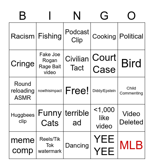 YT Shorts Bingo Card
