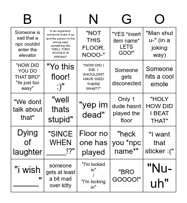 Regretevator with friends bingo Card