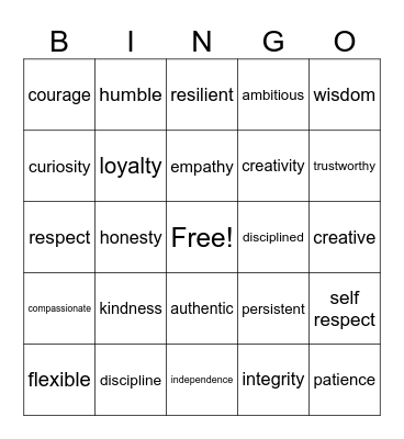 VALUES Bingo Card