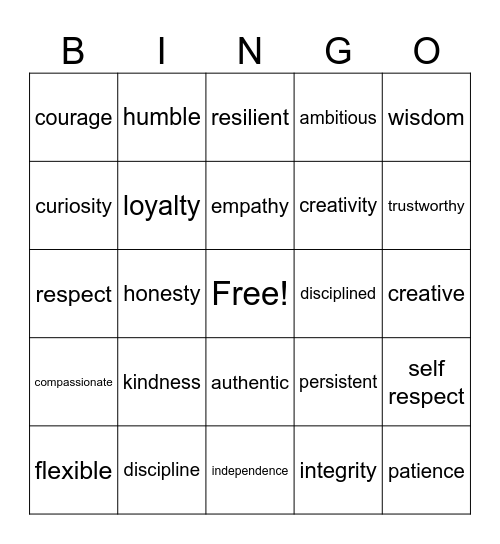 VALUES Bingo Card