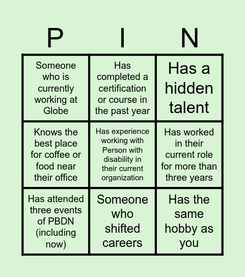 4th PBDN Networking Meeting Bingo Card