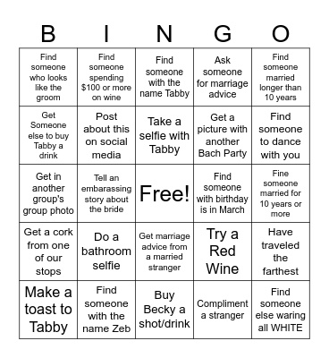 Bachelorette Wine Tasting Bingo Card