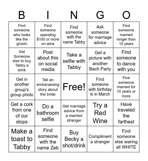 Bachelorette Wine Tasting Bingo Card