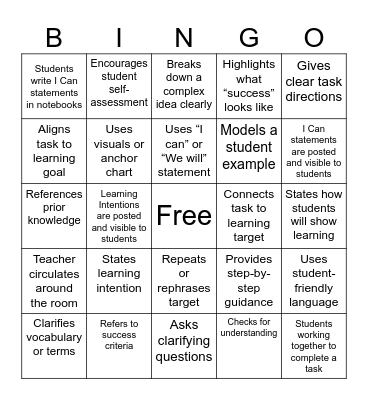 Teaching with Clarity Bingo Card