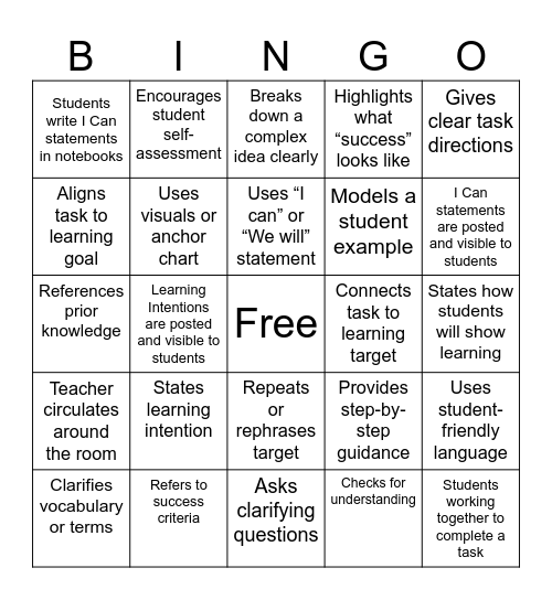 Teaching with Clarity Bingo Card