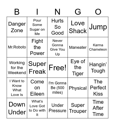 80s Music Bingo Card